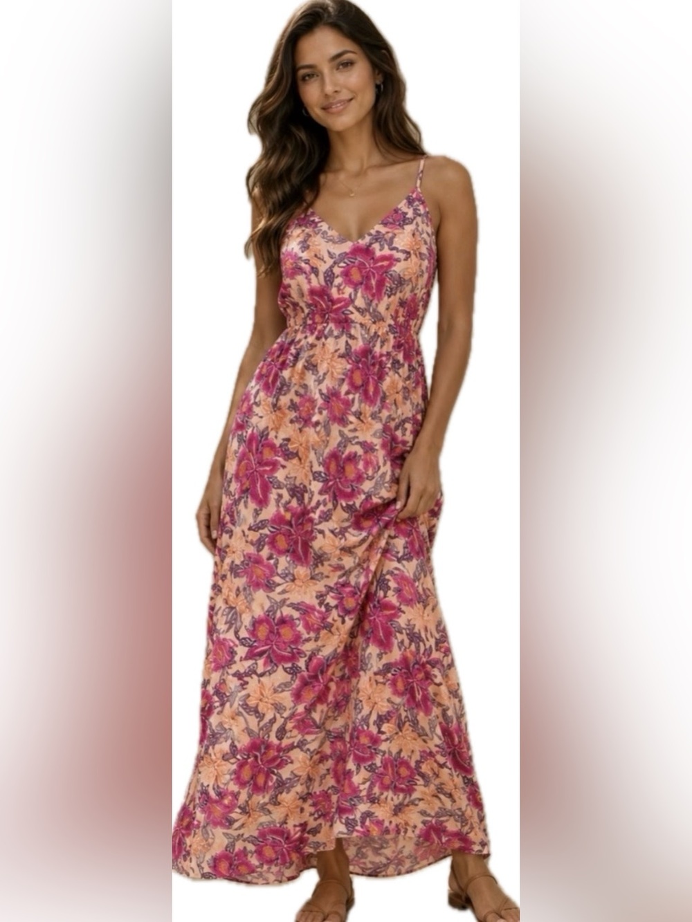 Floral Slip Maxi Dress in Peach & Fuchsia